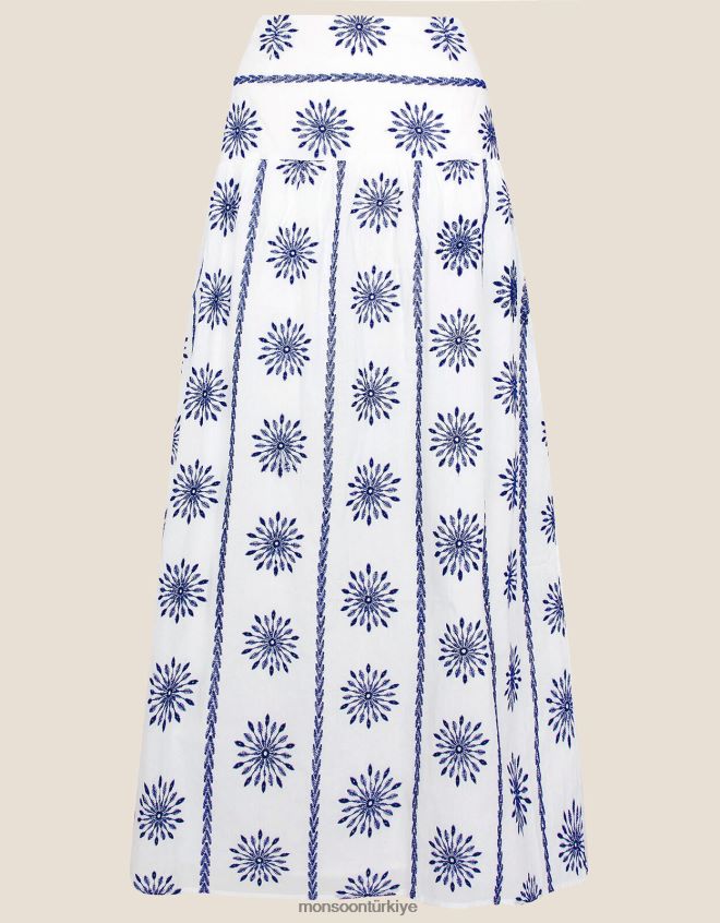 Monsoon kadınlar sürdürülebilir pamuklu işlemeli midi etek JH86BT955 Giyim mavi