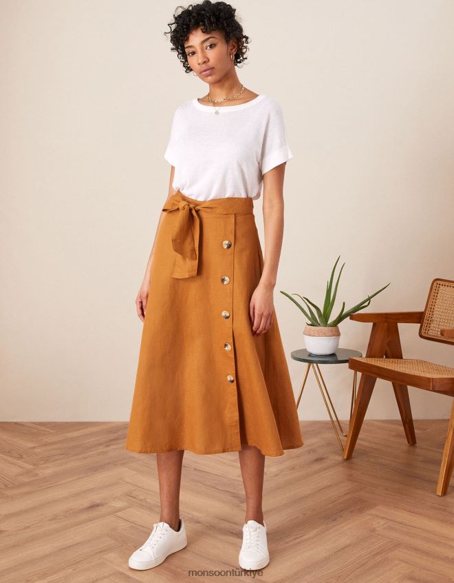Monsoon kadınlar sahte düğmeli midi etek JH86BT1132 Giyim deve (karamel)