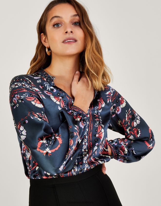 Monsoon kadınlar Geri dönüştürülmüş polyesterden jamelia eşarp desenli bluz JH86BT801 Giyim gri (kömür)