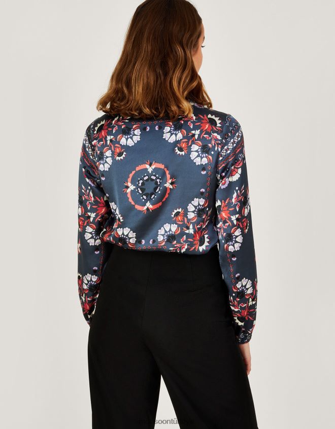 Monsoon kadınlar Geri dönüştürülmüş polyesterden jamelia eşarp desenli bluz JH86BT801 Giyim gri (kömür)