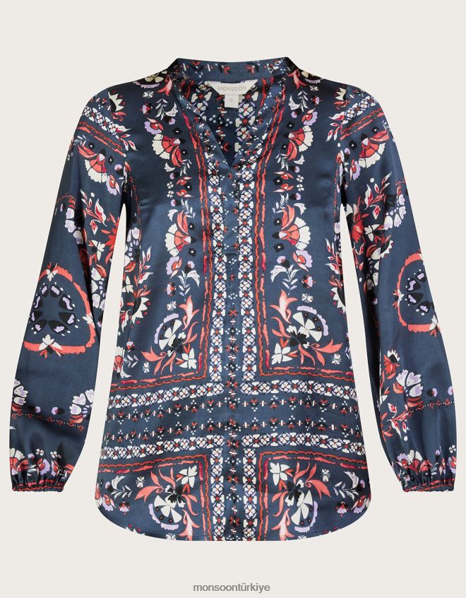 Monsoon kadınlar Geri dönüştürülmüş polyesterden jamelia eşarp desenli bluz JH86BT801 Giyim gri (kömür)