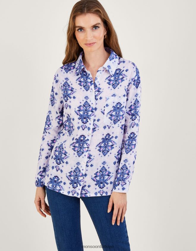 Monsoon kadınlar Laurie ikat keten gömleğin içinden düğme JH86BT845 Giyim mavi
