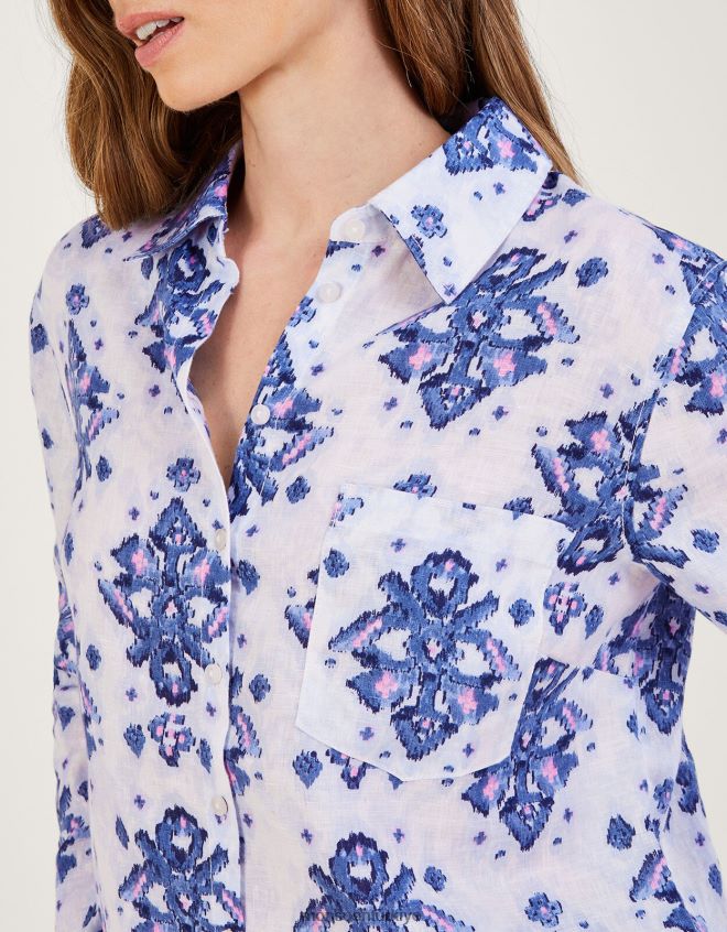 Monsoon kadınlar Laurie ikat keten gömleğin içinden düğme JH86BT845 Giyim mavi