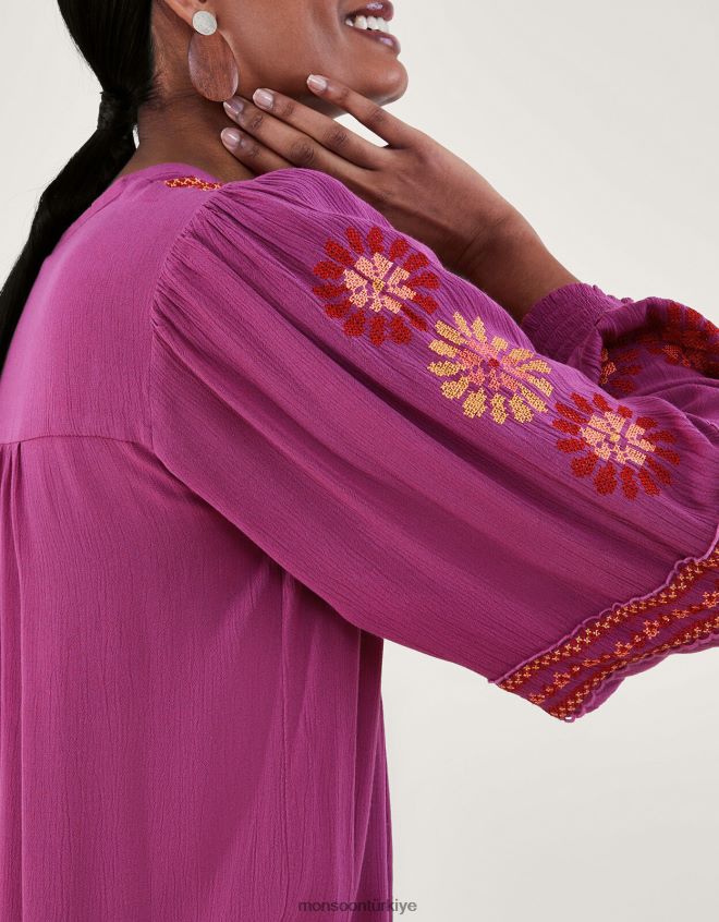 Monsoon kadınlar Lenzing Ecovero\'da çiçek dikişli bluz JH86BT174 Giyim pembe