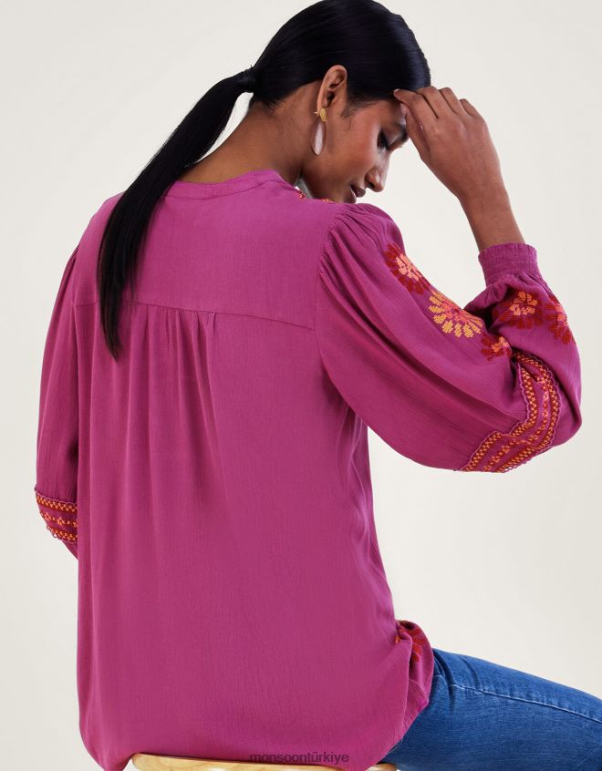 Monsoon kadınlar Lenzing Ecovero\'da çiçek dikişli bluz JH86BT174 Giyim pembe