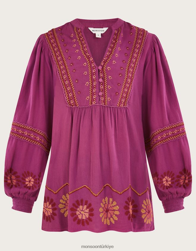 Monsoon kadınlar Lenzing Ecovero\'da çiçek dikişli bluz JH86BT174 Giyim pembe