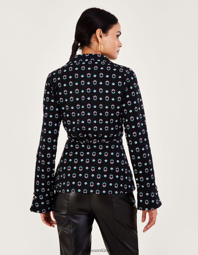 Monsoon kadınlar Sürdürülebilir pamuklu geometrik desenli dantelli jarse anvelop gömlek JH86BT749 Giyim siyah