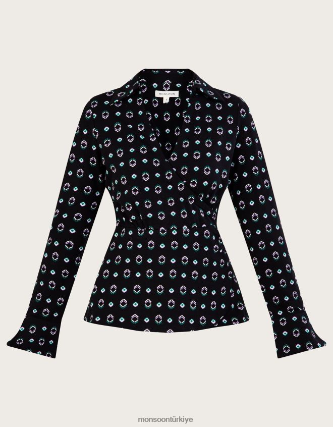 Monsoon kadınlar Sürdürülebilir pamuklu geometrik desenli dantelli jarse anvelop gömlek JH86BT749 Giyim siyah