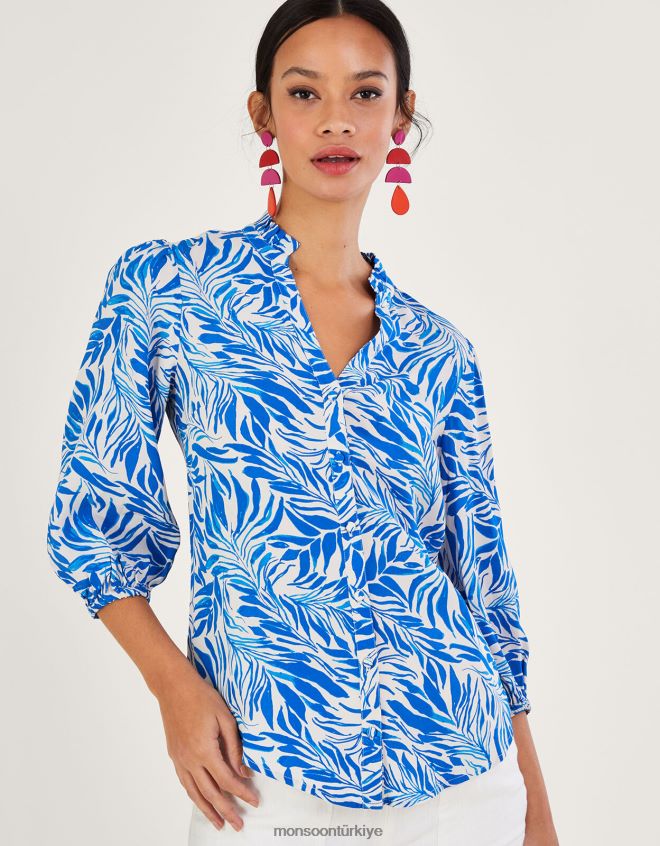 Monsoon kadınlar Sürdürülebilir viskondan floransa yaprak desenli bluz JH86BT304 Giyim mavi