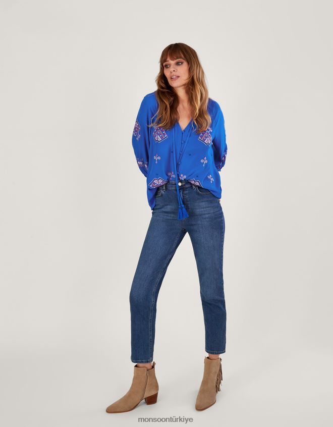 Monsoon kadınlar Sürdürülebilir viskondan iva işlemeli bluz JH86BT928 Giyim mavi