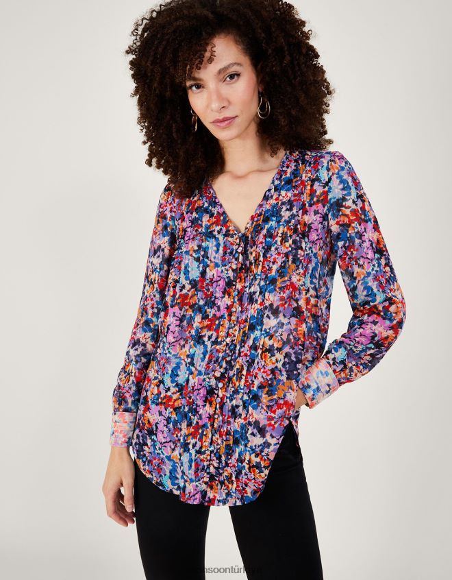 Monsoon kadınlar Sürdürülebilir viskondan palmer desenli pilili bluz JH86BT137 Giyim fildişi