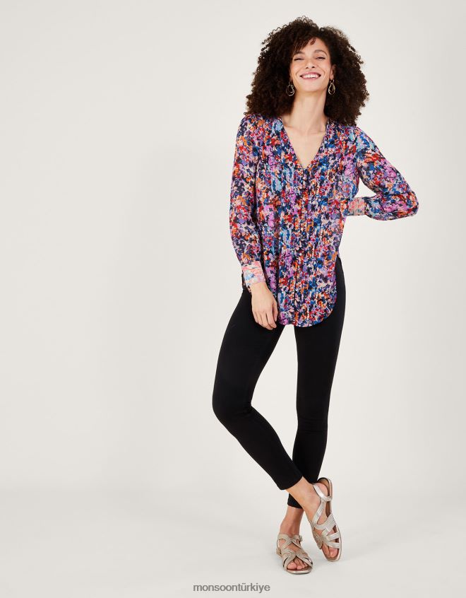 Monsoon kadınlar Sürdürülebilir viskondan palmer desenli pilili bluz JH86BT137 Giyim fildişi