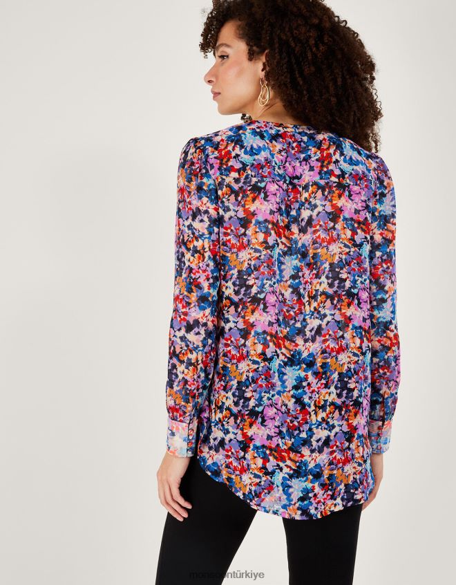 Monsoon kadınlar Sürdürülebilir viskondan palmer desenli pilili bluz JH86BT137 Giyim fildişi