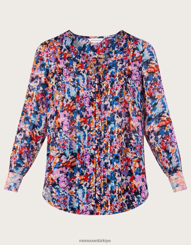 Monsoon kadınlar Sürdürülebilir viskondan palmer desenli pilili bluz JH86BT137 Giyim fildişi