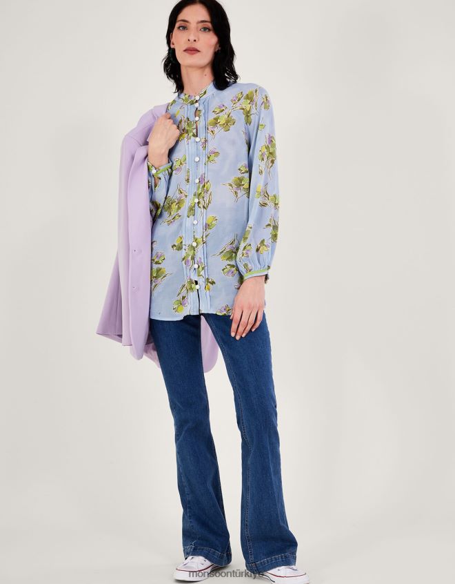 Monsoon kadınlar Sürdürülebilir viskondan talitha desenli bluz JH86BT936 Giyim mavi