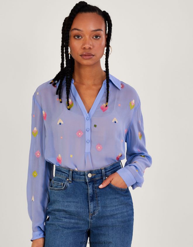 Monsoon kadınlar Sürdürülebilir viskozdan gael işlemeli bluz JH86BT982 Giyim mavi