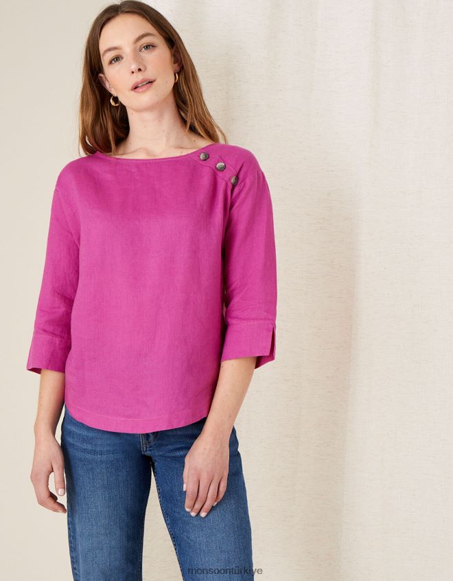 Monsoon kadınlar Saf ketenden gül ağacı uzun kollu tişört JH86BT1108 Giyim pembe (macenta)