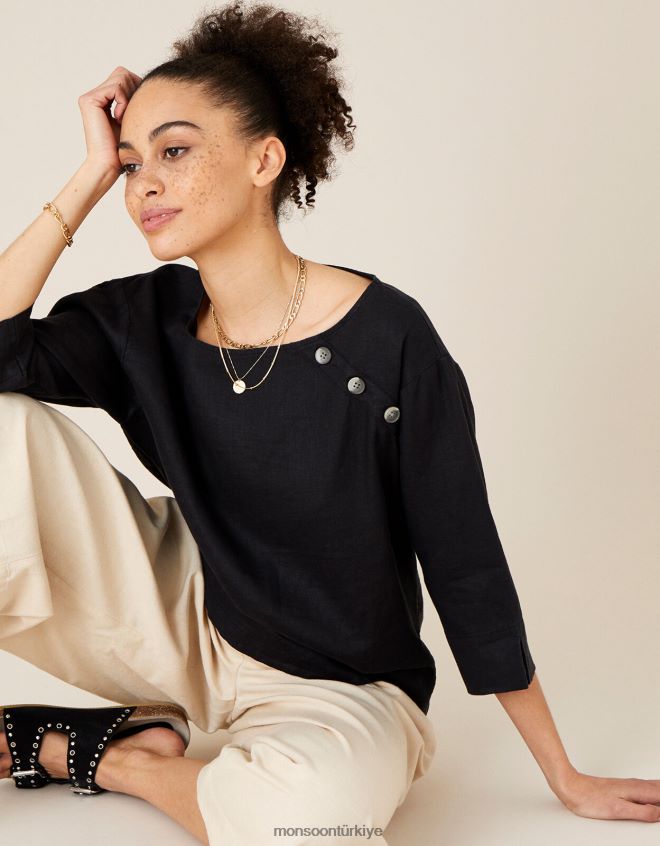 Monsoon kadınlar Saf ketenden gül ağacı uzun kollu tişört JH86BT575 Giyim siyah