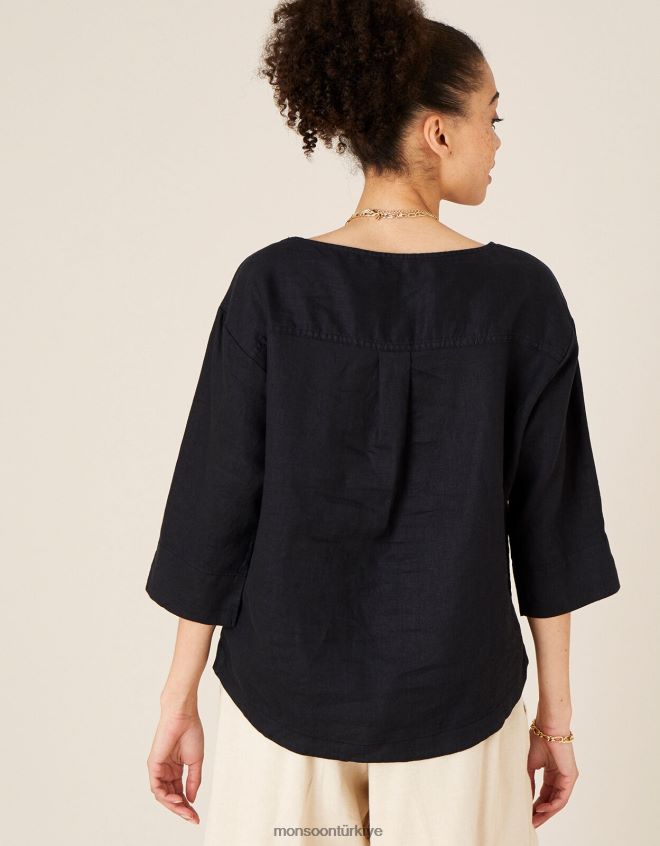 Monsoon kadınlar Saf ketenden gül ağacı uzun kollu tişört JH86BT575 Giyim siyah