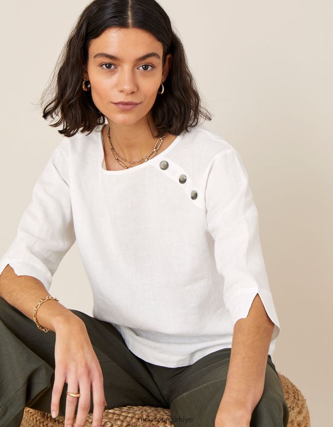 Monsoon kadınlar Saf ketenden gül ağacı uzun kollu tişört JH86BT588 Giyim beyaz