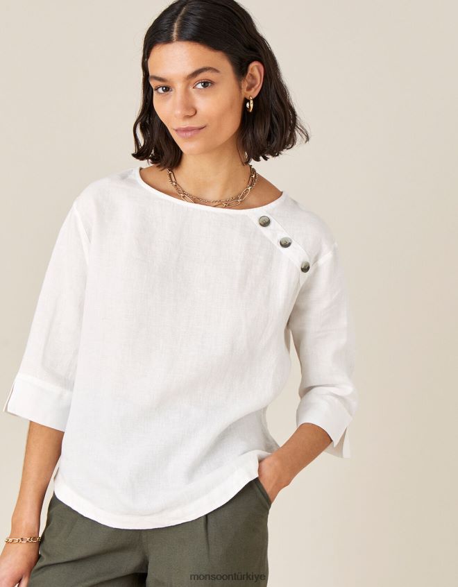 Monsoon kadınlar Saf ketenden gül ağacı uzun kollu tişört JH86BT588 Giyim beyaz