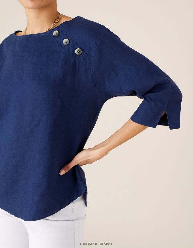 Monsoon kadınlar Saf ketenden gül ağacı uzun kollu tişört JH86BT592 Giyim Mavi Donanma)