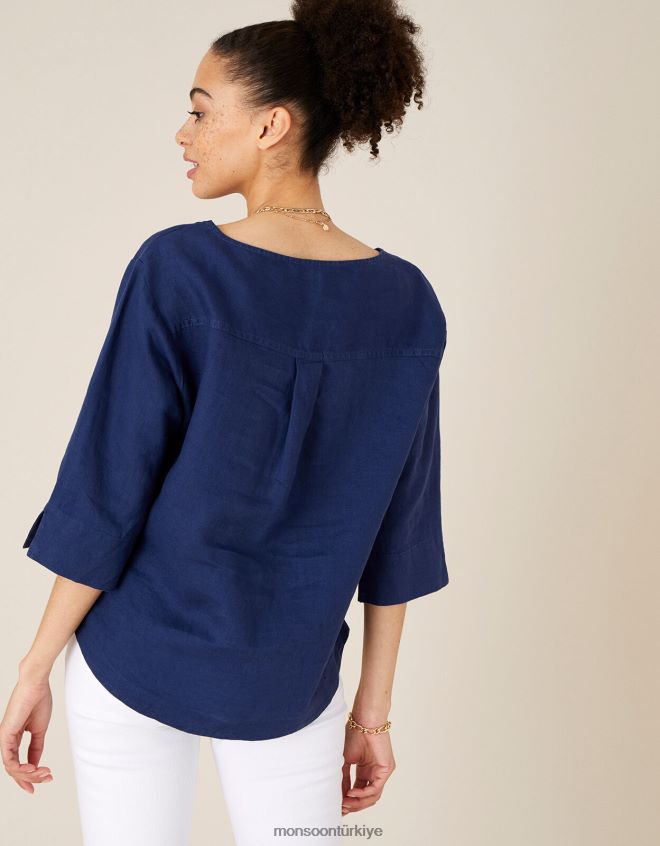 Monsoon kadınlar Saf ketenden gül ağacı uzun kollu tişört JH86BT592 Giyim Mavi Donanma)