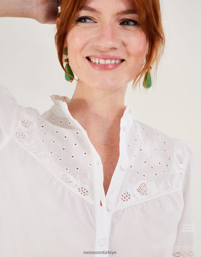 Monsoon kadınlar bronwyn broderie nervürlü işlemeli bluz JH86BT122 Giyim beyaz