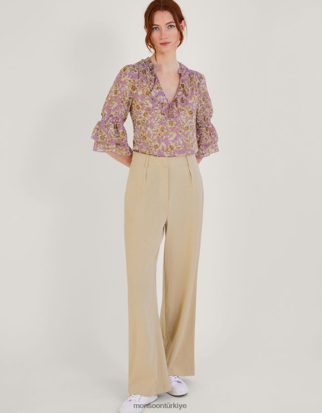 Monsoon kadınlar geri dönüştürülmüş polyesterden keava fırfırlı bluz JH86BT344 Giyim mor (leylak)