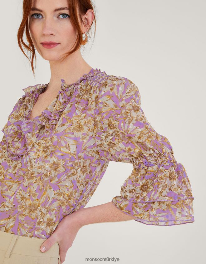 Monsoon kadınlar geri dönüştürülmüş polyesterden keava fırfırlı bluz JH86BT344 Giyim mor (leylak)