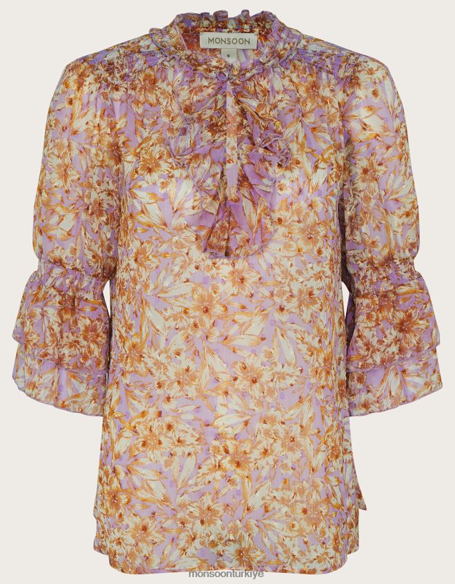 Monsoon kadınlar geri dönüştürülmüş polyesterden keava fırfırlı bluz JH86BT344 Giyim mor (leylak)