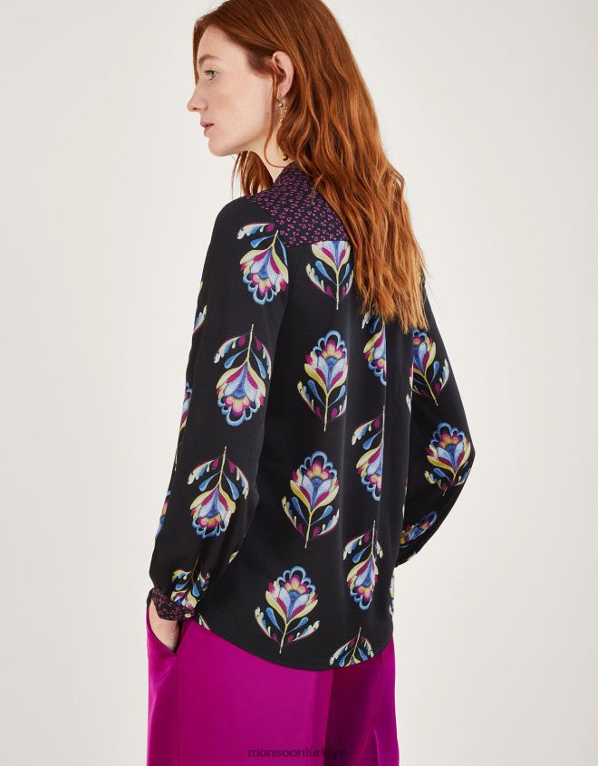 Monsoon kadınlar geri dönüştürülmüş polyesterden kontrast çiçek desenli jarse gömlek JH86BT605 Giyim siyah