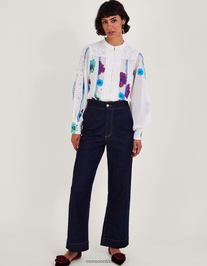 Monsoon kadınlar geri dönüştürülmüş polyesterden lorraine dantel işlemeli bluz JH86BT292 Giyim fildişi