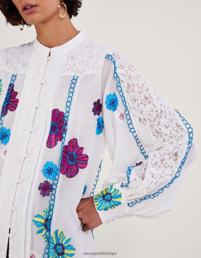 Monsoon kadınlar geri dönüştürülmüş polyesterden lorraine dantel işlemeli bluz JH86BT292 Giyim fildişi