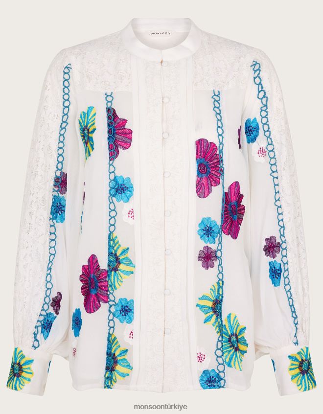 Monsoon kadınlar geri dönüştürülmüş polyesterden lorraine dantel işlemeli bluz JH86BT292 Giyim fildişi