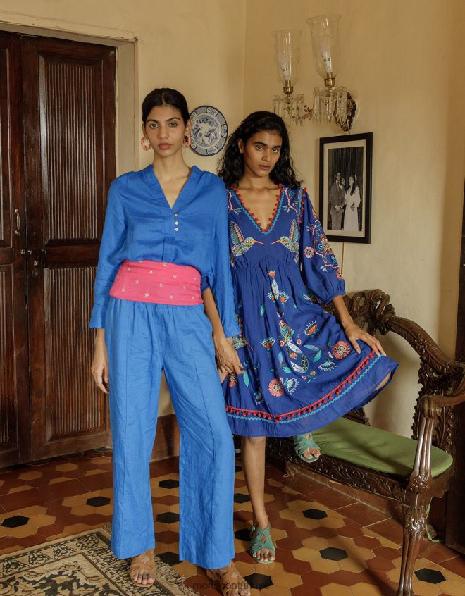 Monsoon kadınlar hindistan havai nehru yaka keten gömlek JH86BT1050 Giyim mavi (kobalt)