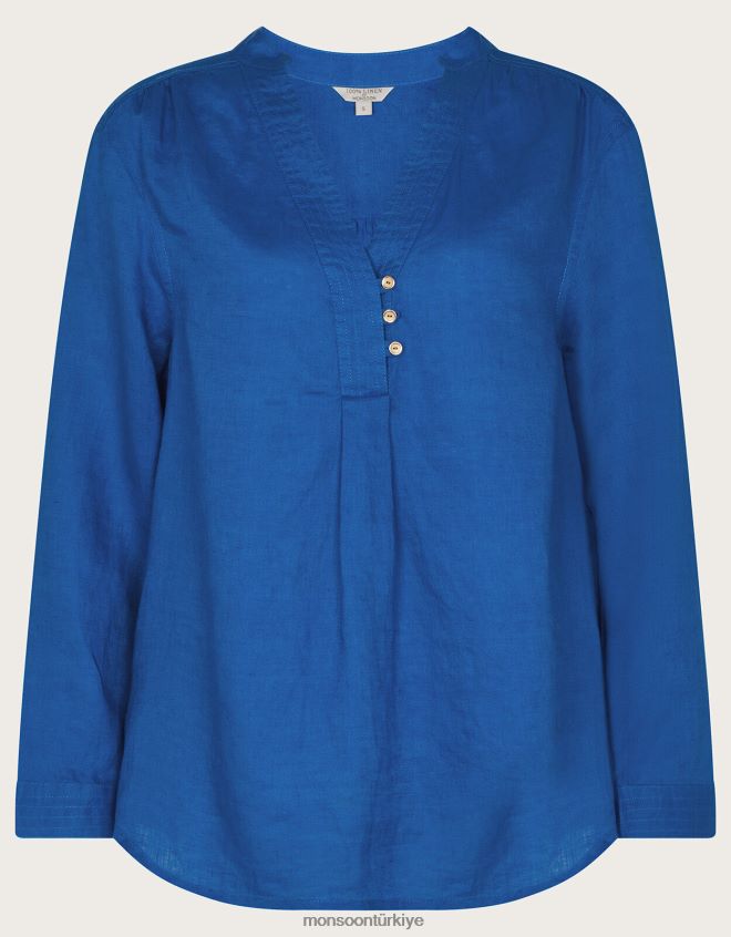 Monsoon kadınlar hindistan havai nehru yaka keten gömlek JH86BT1050 Giyim mavi (kobalt)