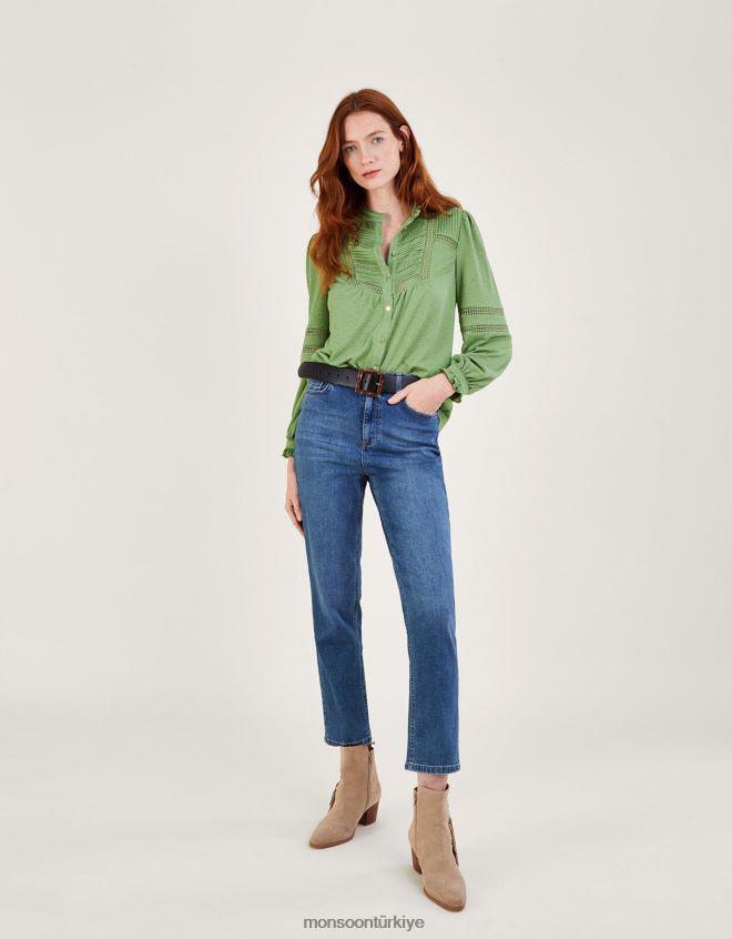 Monsoon kadınlar jarse gömleğin içinden dantel ekleme düğmesi JH86BT450 Giyim yeşil