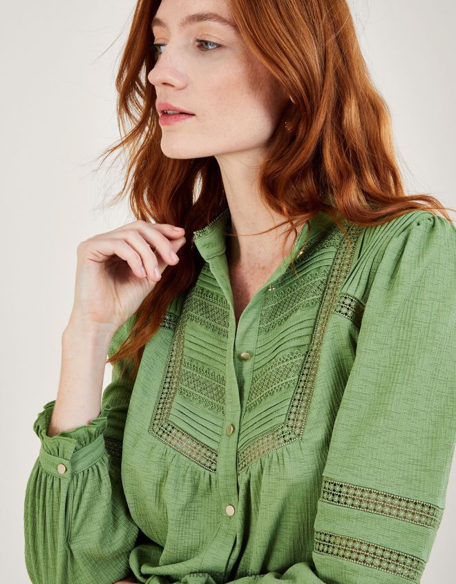 Monsoon kadınlar jarse gömleğin içinden dantel ekleme düğmesi JH86BT450 Giyim yeşil