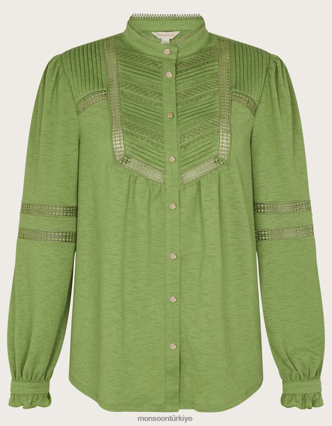 Monsoon kadınlar jarse gömleğin içinden dantel ekleme düğmesi JH86BT450 Giyim yeşil