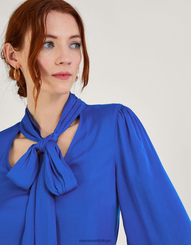 Monsoon kadınlar katie geri dönüştürülmüş polyesterli saten fiyonklu bluz JH86BT751 Giyim mavi (kobalt)