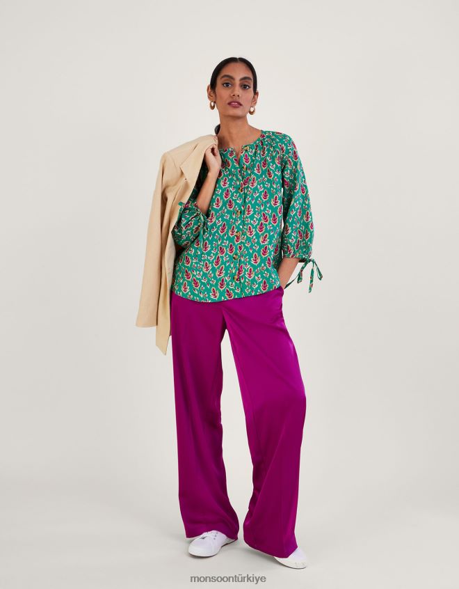 Monsoon kadınlar keten bluzun içinden kravat manşeti düğmesini yazdırın JH86BT772 Giyim yeşil