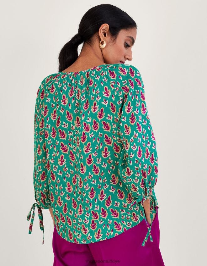 Monsoon kadınlar keten bluzun içinden kravat manşeti düğmesini yazdırın JH86BT772 Giyim yeşil