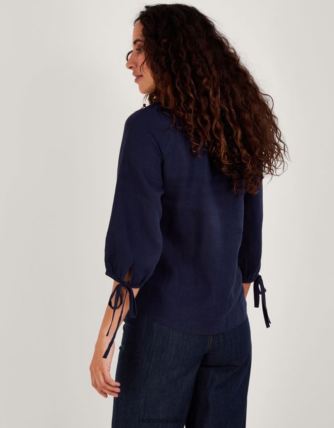 Monsoon kadınlar keten bluzun manşet düğmesini bağlayın JH86BT343 Giyim mavi