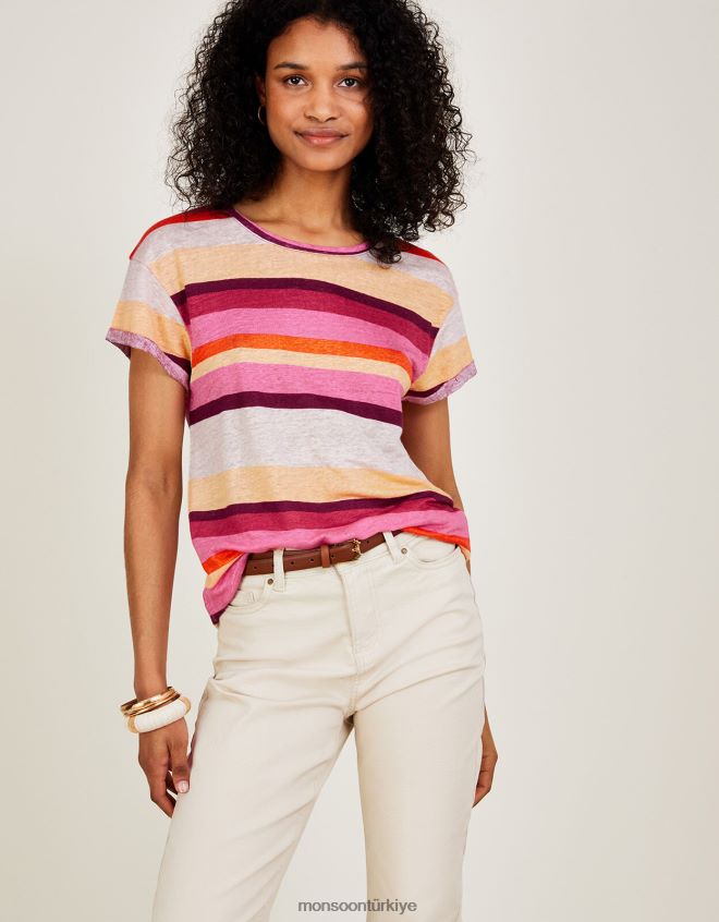 Monsoon kadınlar keten çizgili yuvarlak yaka tişört JH86BT983 Giyim çok