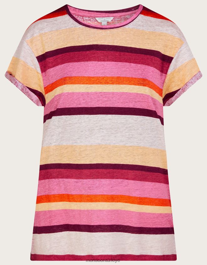 Monsoon kadınlar keten çizgili yuvarlak yaka tişört JH86BT983 Giyim çok