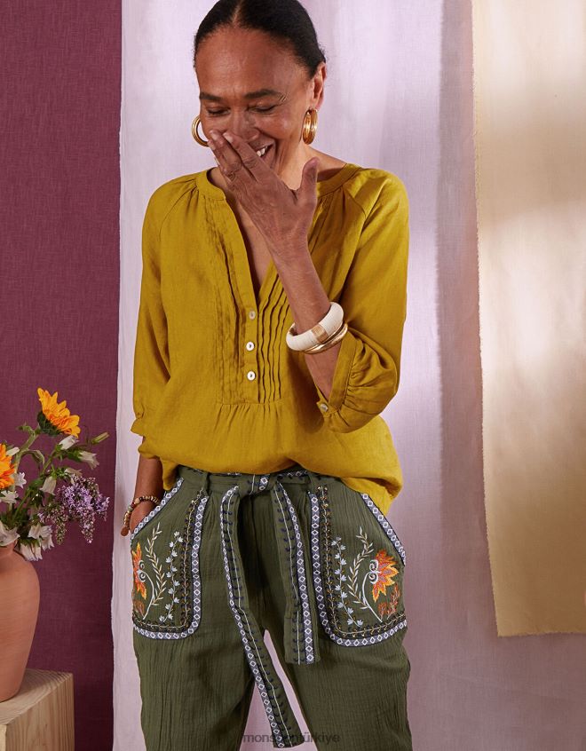 Monsoon kadınlar keten pli bluz JH86BT1028 Giyim yeşil (chartreuse)