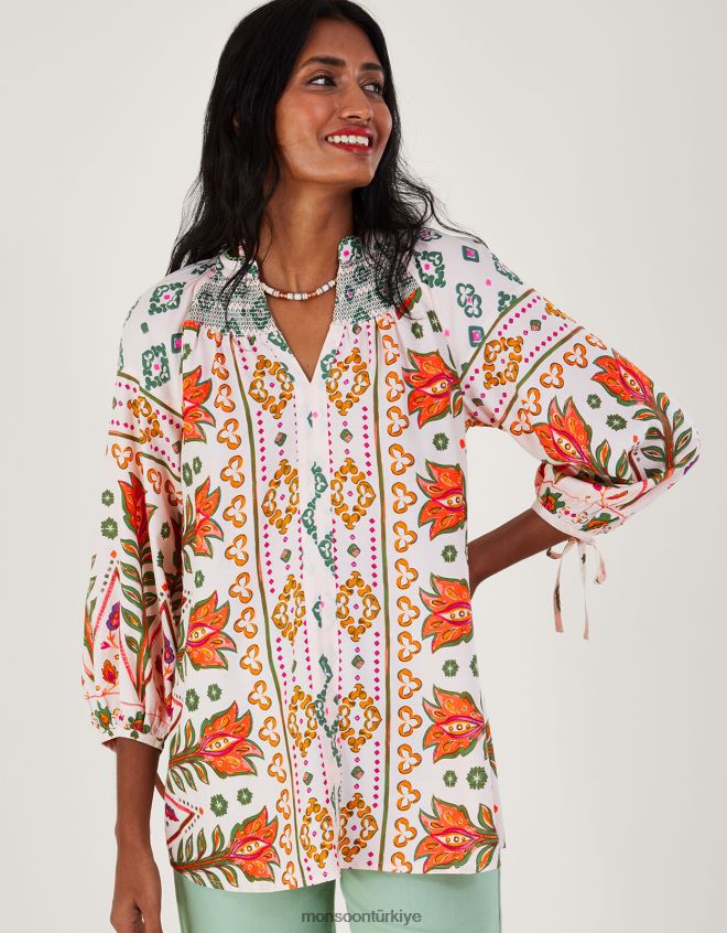 Monsoon kadınlar lenzing ecovero desenli büzgülü bluz JH86BT791 Giyim fildişi