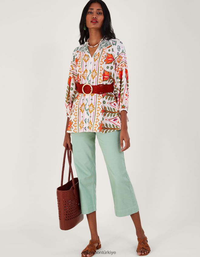 Monsoon kadınlar lenzing ecovero desenli büzgülü bluz JH86BT791 Giyim fildişi