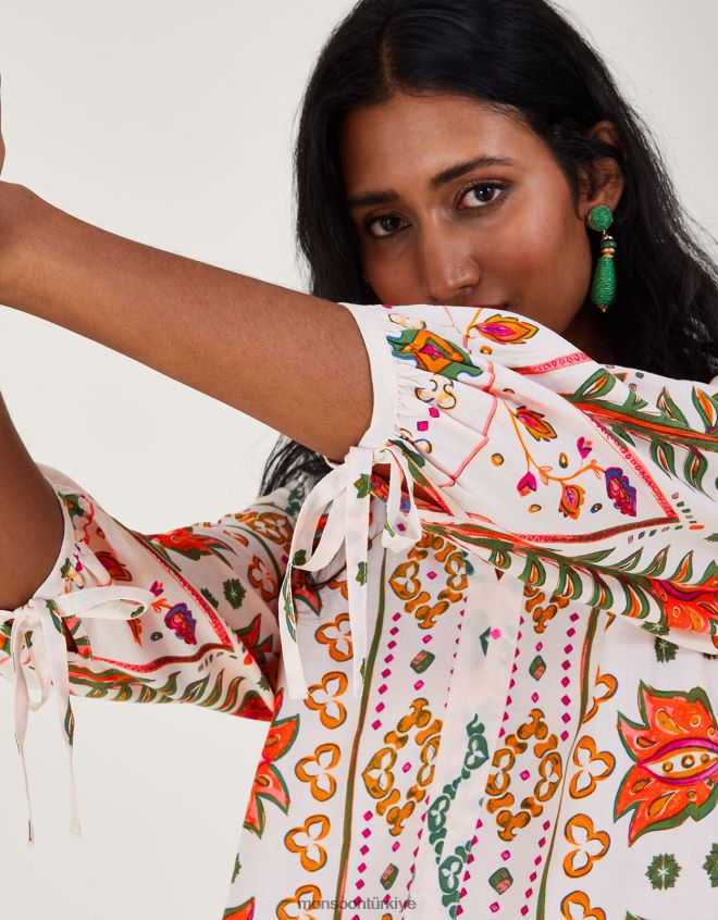 Monsoon kadınlar lenzing ecovero desenli büzgülü bluz JH86BT791 Giyim fildişi